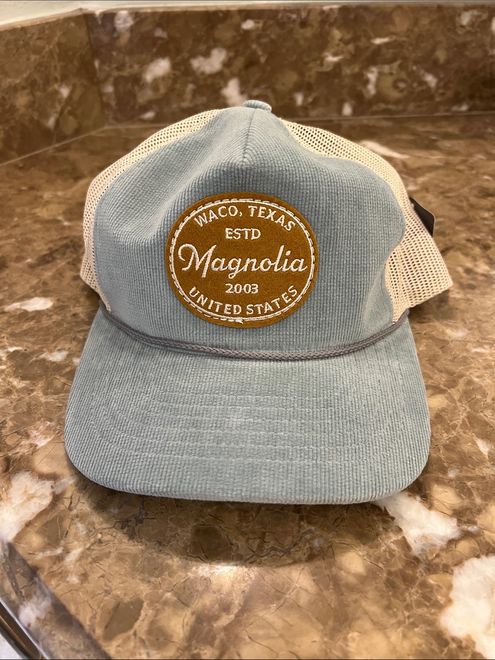 Magnolia Pale Blue Cream Trucker Hat with Tan Patch Waco Chip and Joanna Gaines - Picture 1 of 7